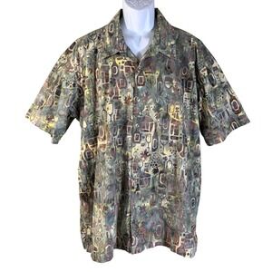 Santiki Button Down Shirt Mens XXL Green Wine Bottle Batik Cotton Excellent